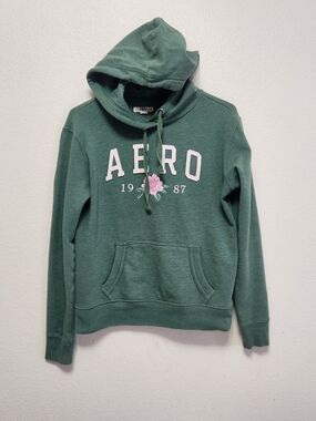Aeropostale Green Pullover Hoodie with Pink Floral Logo Size XS Spellout Y2K